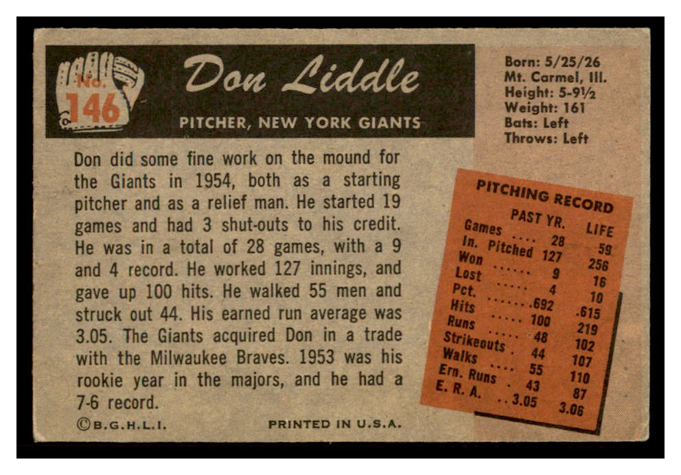 1955 Bowman #146 Don Liddle back image