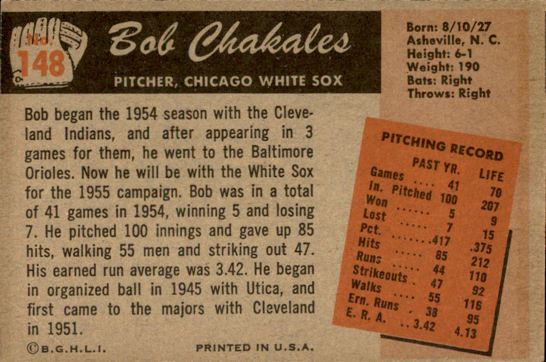 1955 Bowman #148 Bob Chakales back image