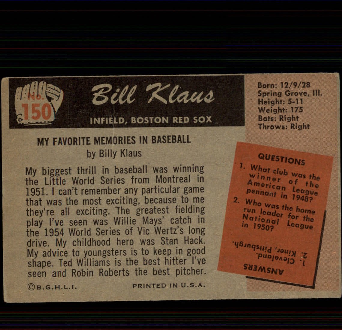 1955 Bowman #150 Billy Klaus RC back image