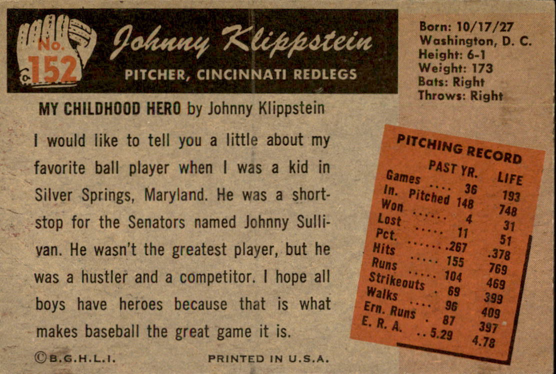 1955 Bowman #152 Johnny Klippstein back image
