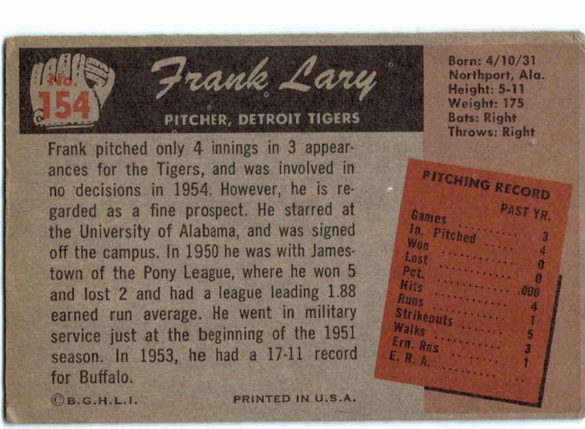 1955 Bowman #154 Frank Lary RC back image