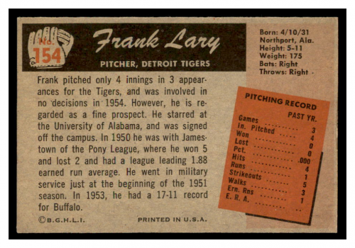 1955 Bowman #154 Frank Lary RC back image