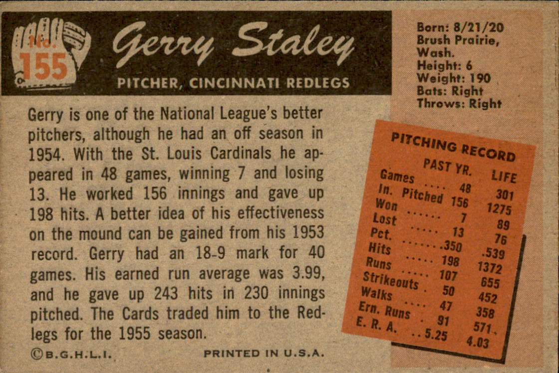 1955 Bowman #155 Gerry Staley back image
