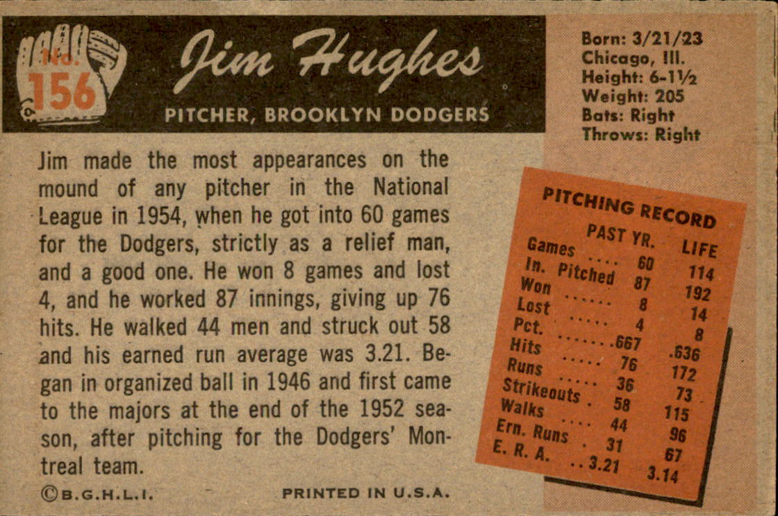 1955 Bowman #156 Jim Hughes back image