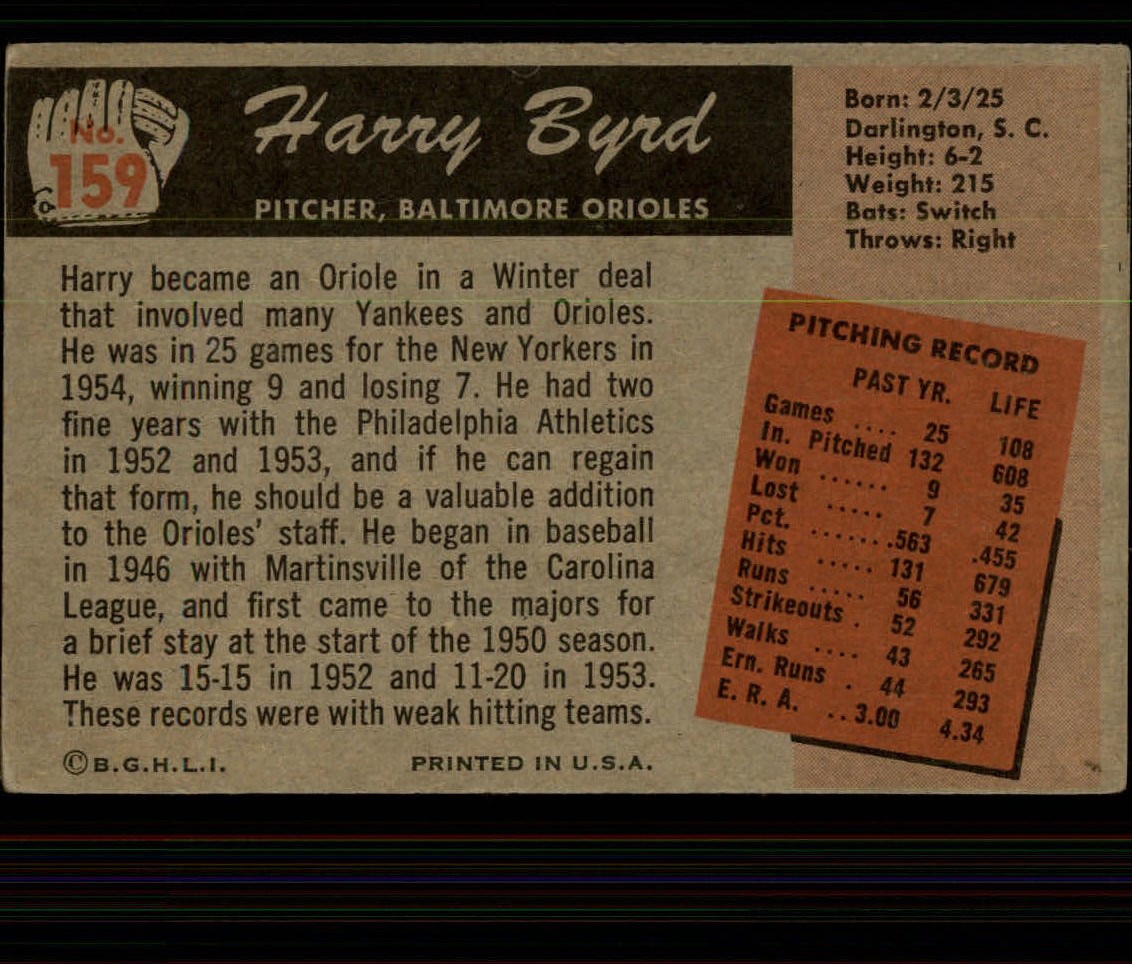 1955 Bowman #159 Harry Byrd back image