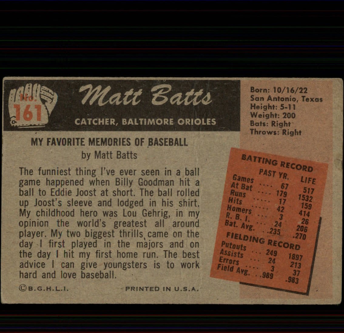 1955 Bowman #161 Matt Batts back image