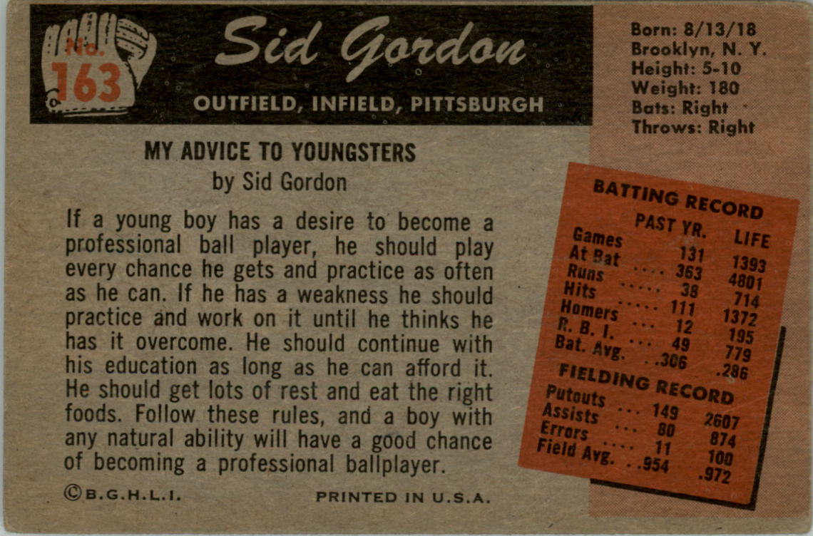 1955 Bowman #163 Sid Gordon back image
