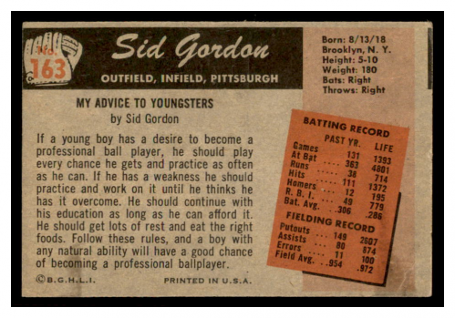 1955 Bowman #163 Sid Gordon back image