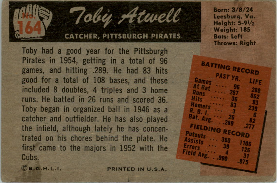 1955 Bowman #164 Toby Atwell back image