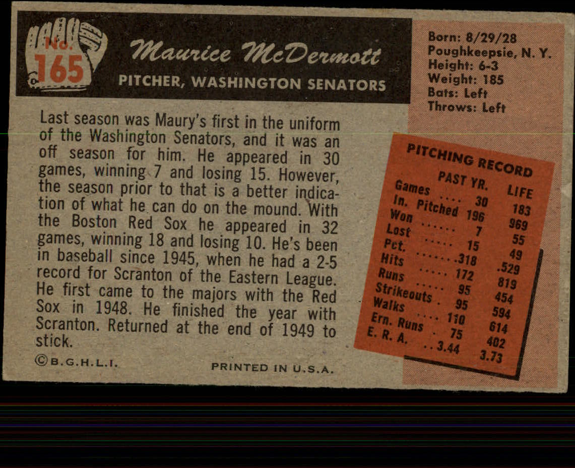 1955 Bowman #165 Maurice McDermott back image