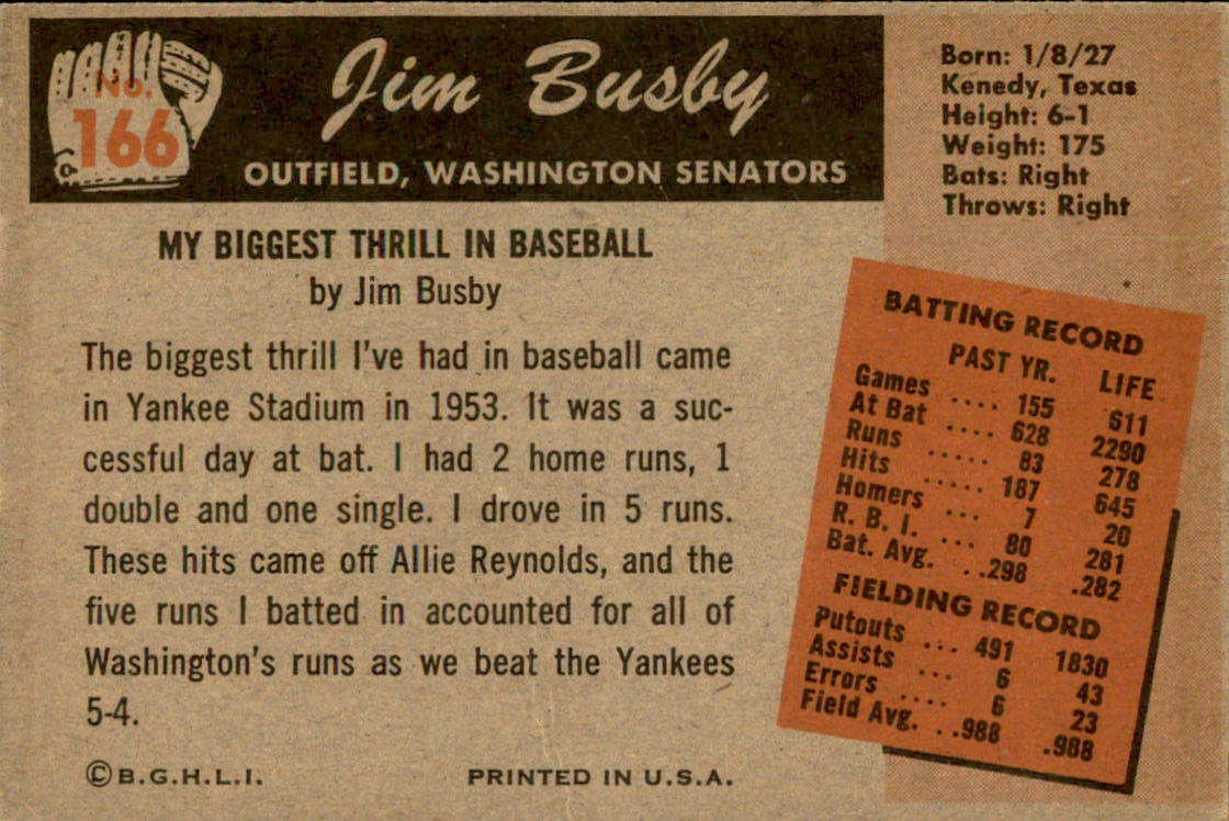 1955 Bowman #166 Jim Busby back image