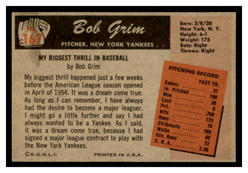 1955 Bowman #167 Bob Grim RC back image