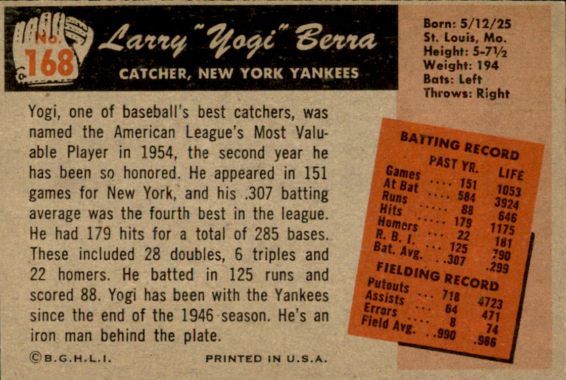 1955 Bowman #168 Yogi Berra back image