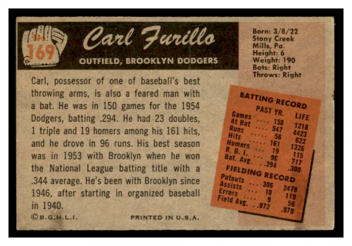1955 Bowman #169 Carl Furillo back image