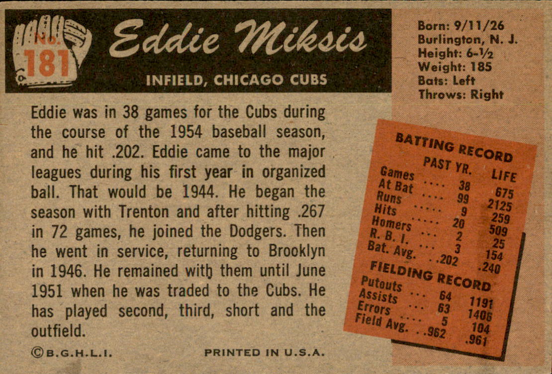 1955 Bowman #181 Eddie Miksis back image