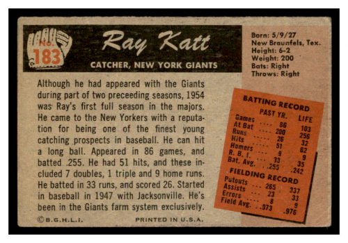 1955 Bowman #183 Ray Katt back image