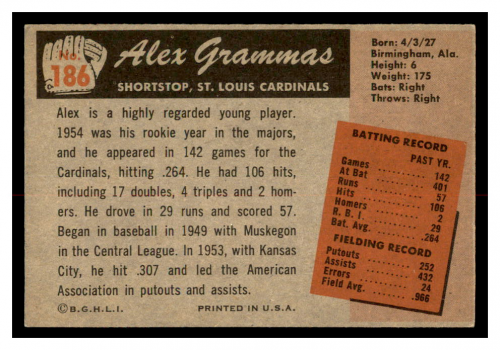 1955 Bowman #186 Alex Grammas back image