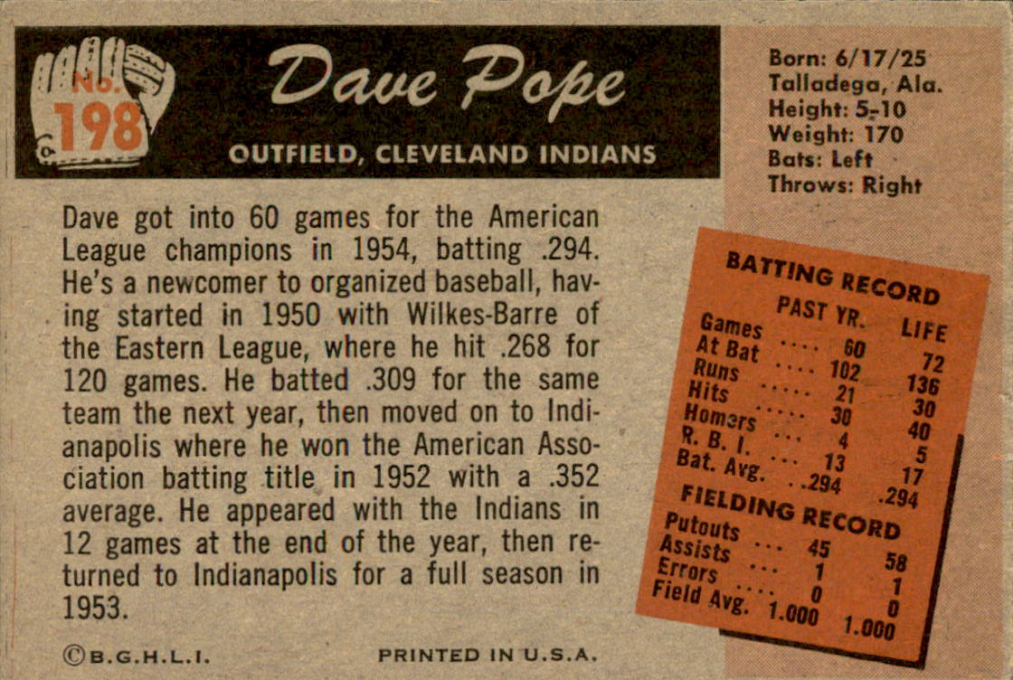 1955 Bowman #198 Dave Pope RC back image