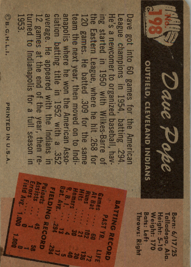 1955 Bowman #198 Dave Pope RC back image