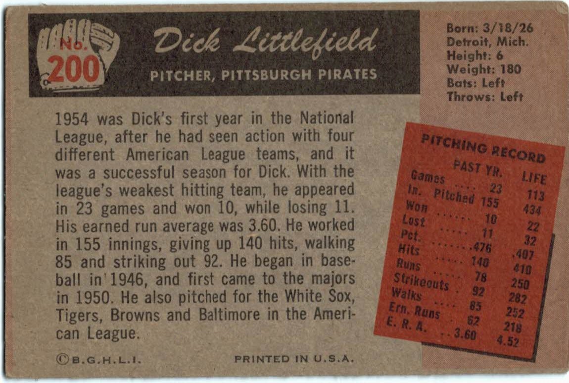 1955 Bowman #200 Dick Littlefield back image