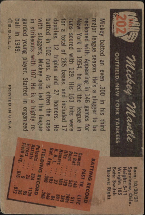 1955 Bowman #202 Mickey Mantle UER/(Incorrect birthdate) back image