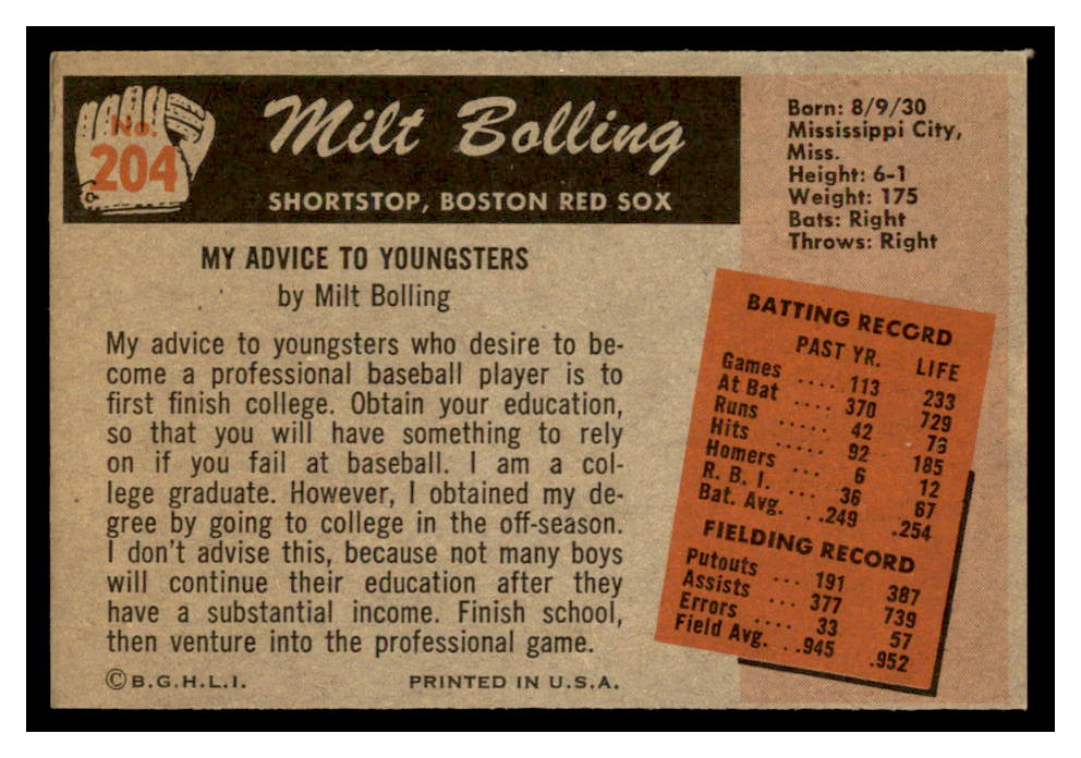 1955 Bowman #204A Frank Bolling ERR RC/(Name on back is Milt Bolling) back image