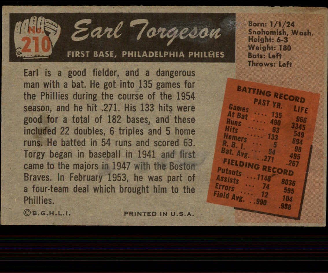 1955 Bowman #210 Earl Torgeson back image