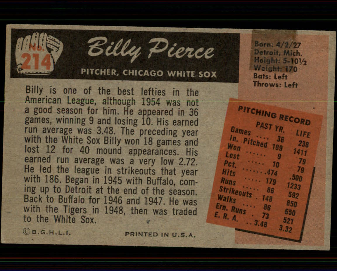1955 Bowman #214 Billy Pierce back image