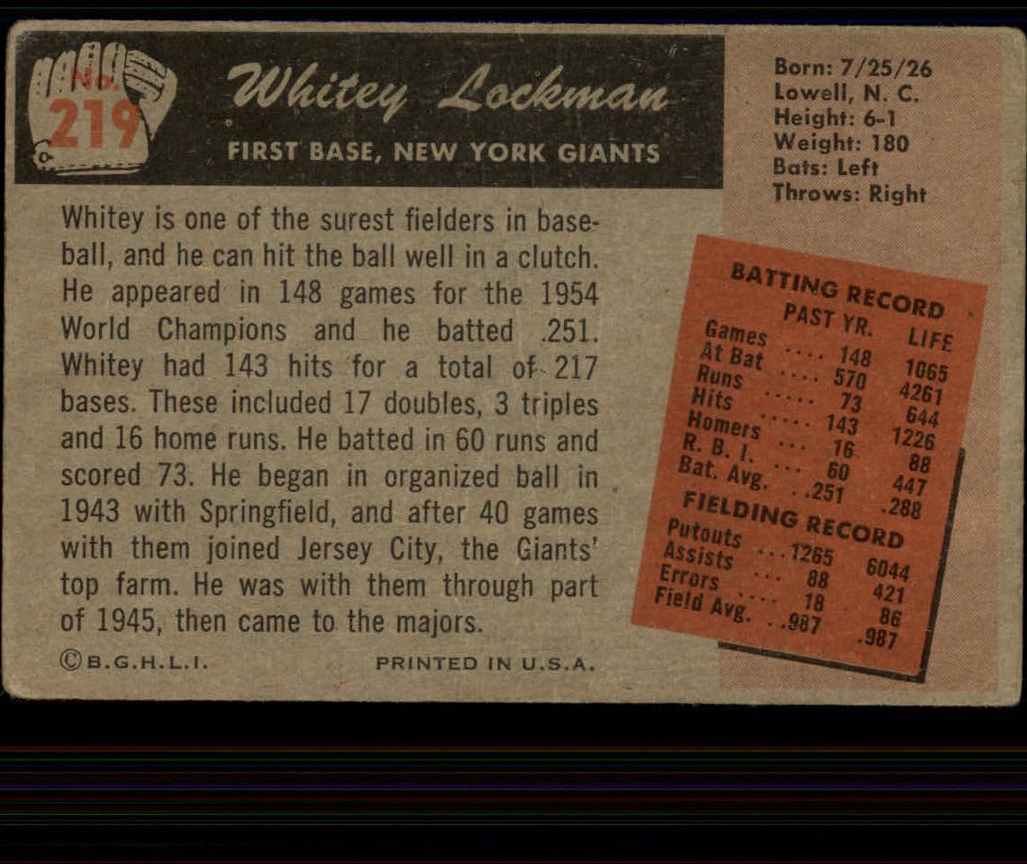 1955 Bowman #219 Whitey Lockman back image