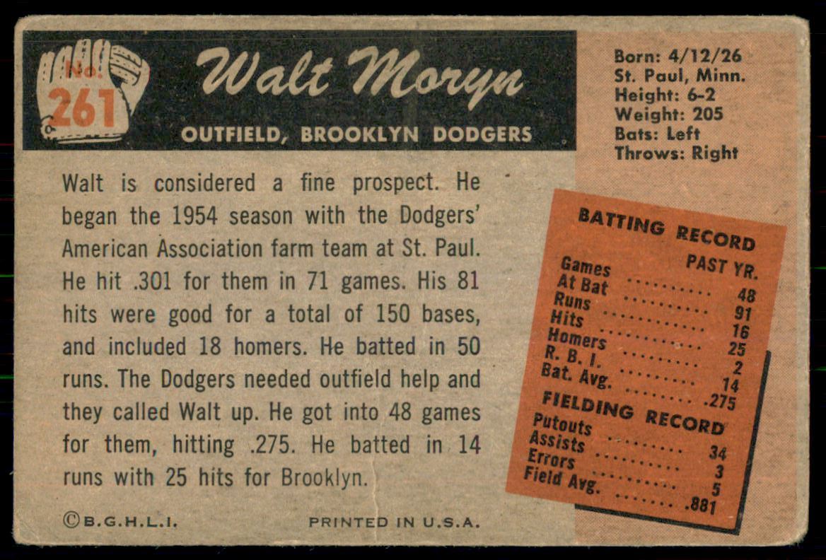 1955 Bowman #261 Walt Moryn RC back image