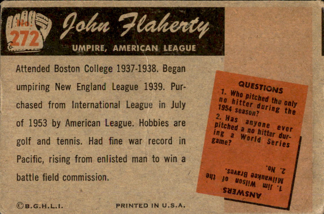 1955 Bowman #272 John Flaherty UMP back image