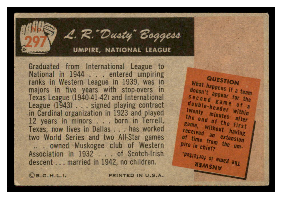 1955 Bowman #297 Dusty Boggess UMP back image