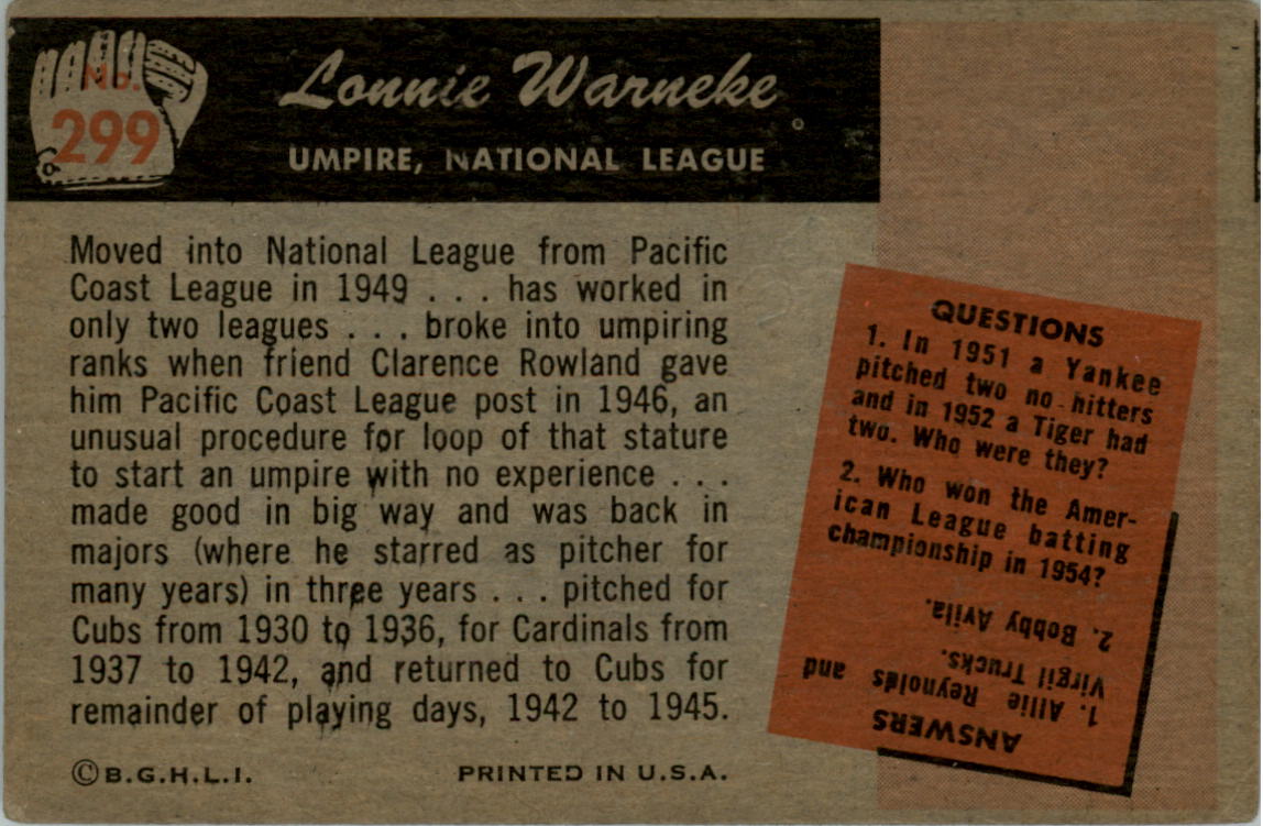1955 Bowman #299 Lon Warneke UMP back image