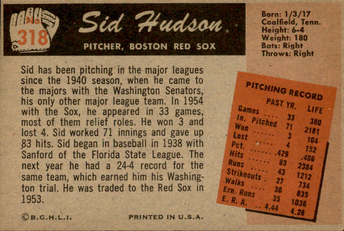 1955 Bowman #318 Sid Hudson back image