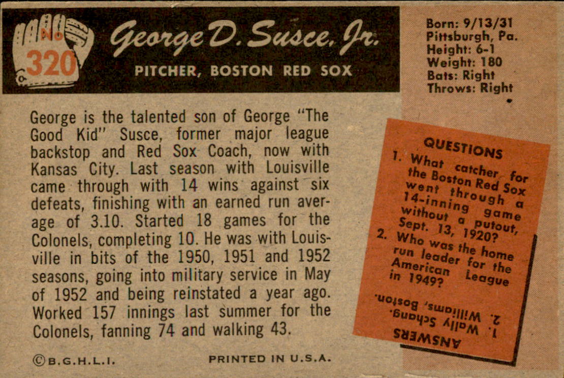 1955 Bowman #320 George Susce RC back image