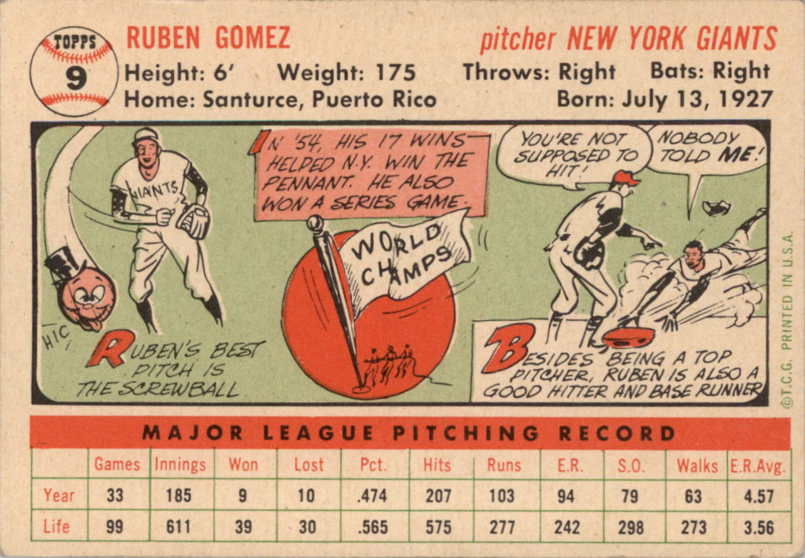 1956 Topps #9 Ruben Gomez DP back image