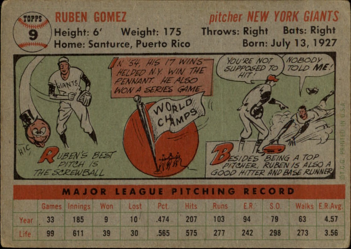 1956 Topps #9A Ruben Gomez GB back image