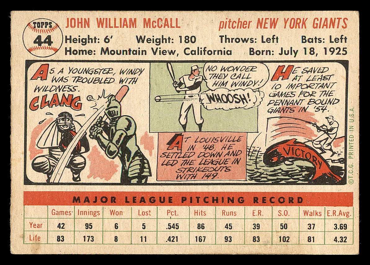 1956 Topps #44 Windy McCall back image