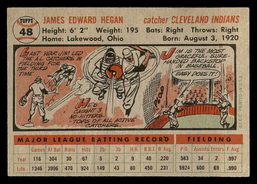 1956 Topps #48A Jim Hegan GB back image