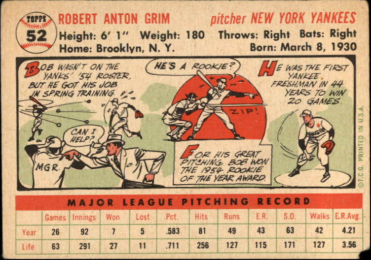 1956 Topps #52 Bob Grim DP back image