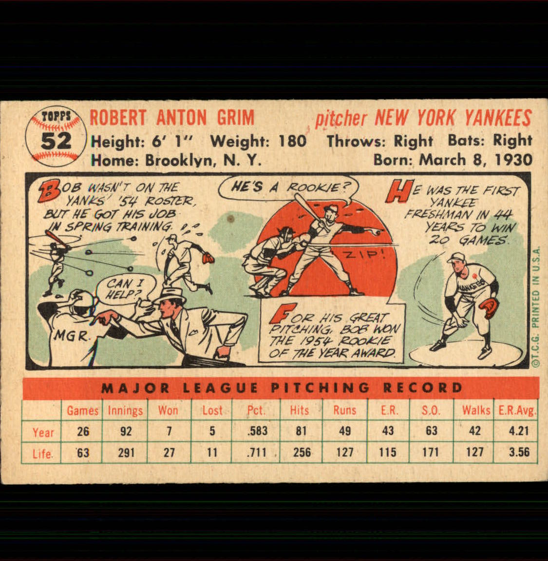 1956 Topps #52 Bob Grim DP back image