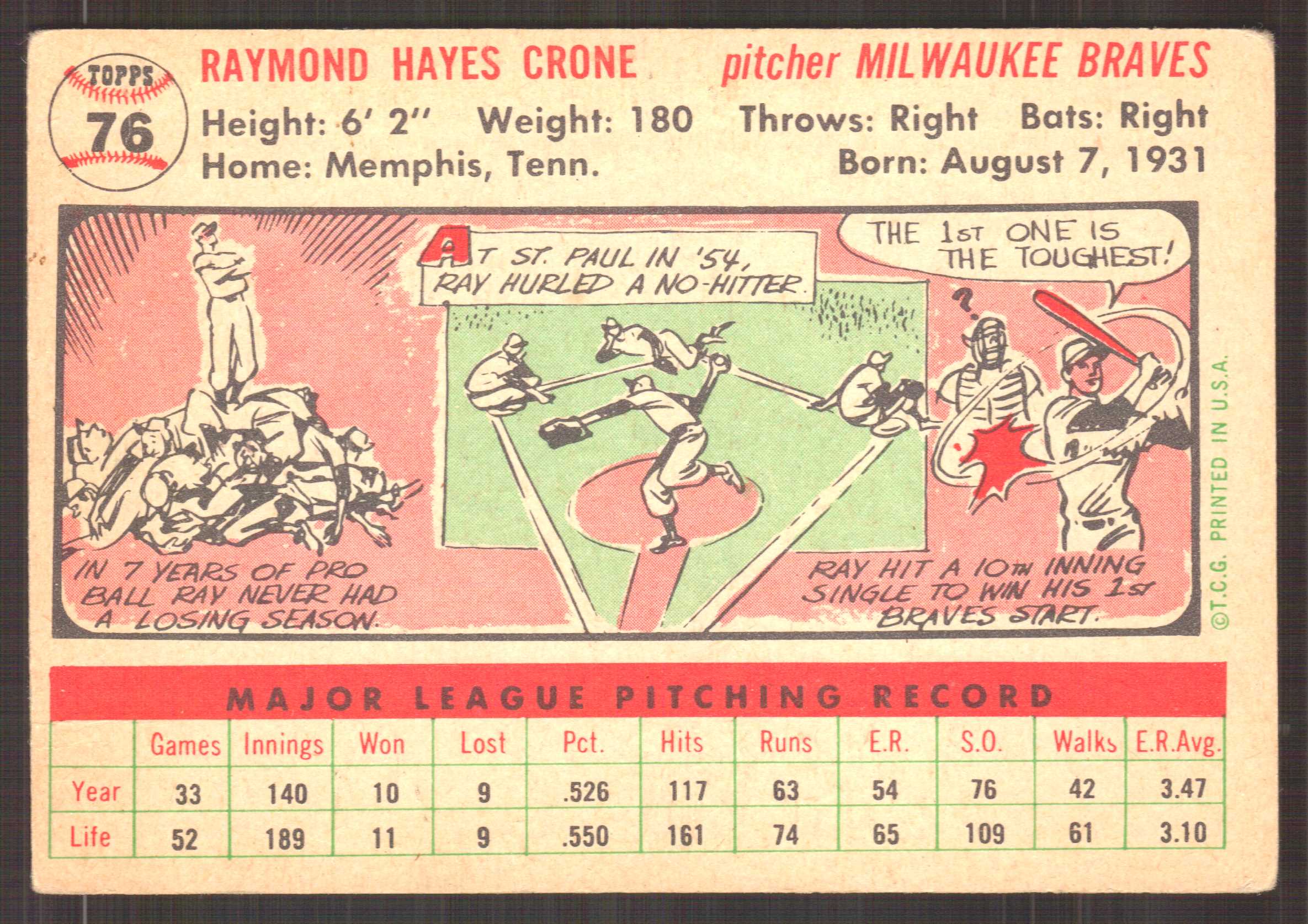 1956 Topps #76 Ray Crone back image