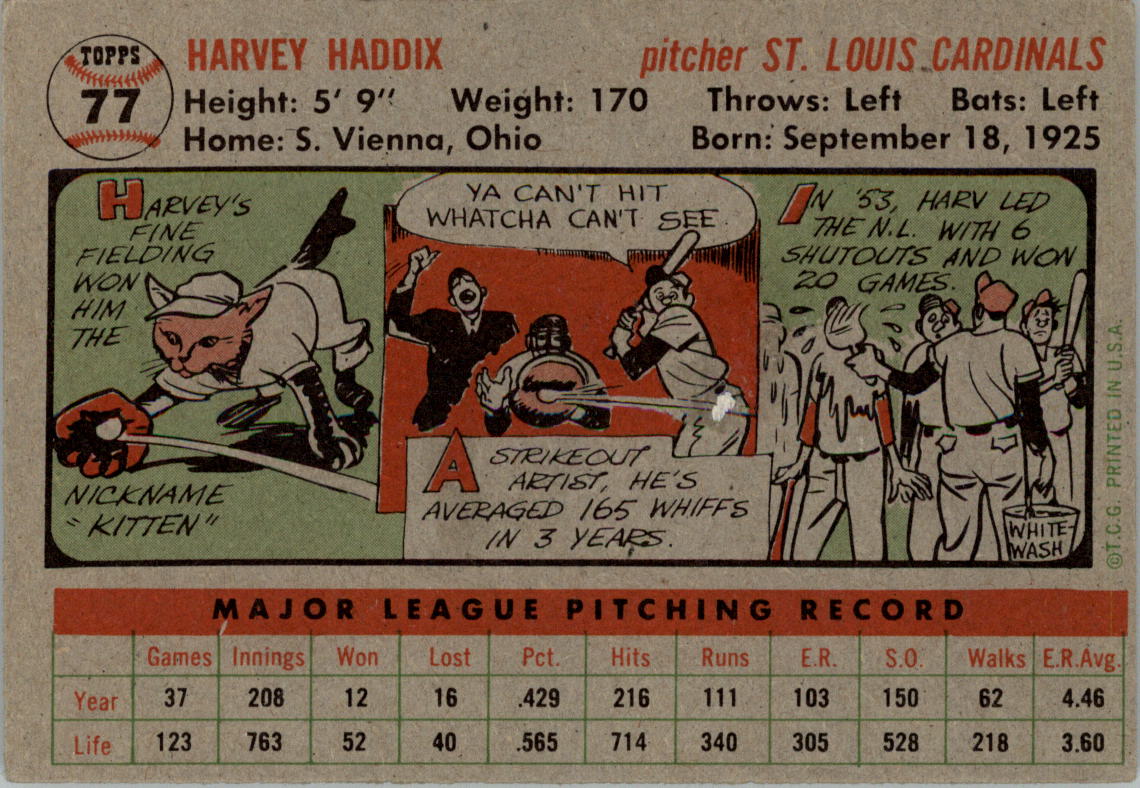 1956 Topps #77A Harvey Haddix GB back image
