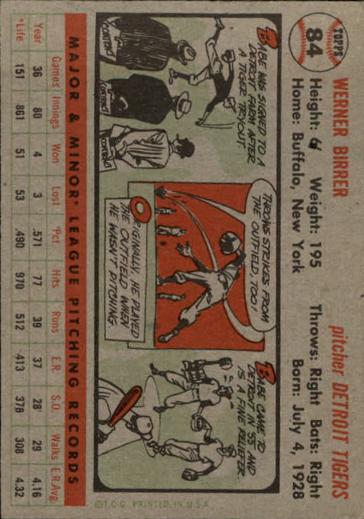 1956 Topps #84A Babe Birrer GB RC back image