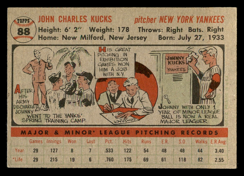 1956 Topps #88A Johnny Kucks GB RC back image
