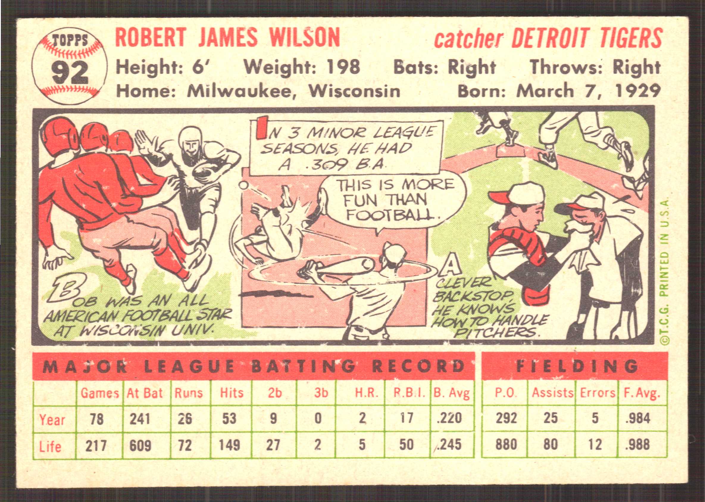 1956 Topps #92 Bob Red Wilson back image