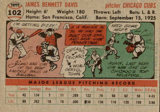 1956 Topps #102 Jim Davis back image