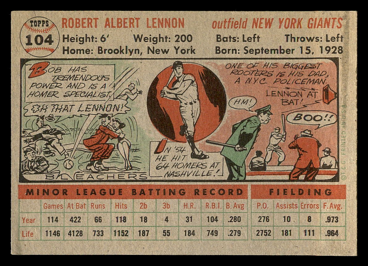 1956 Topps #104 Bob Lennon back image