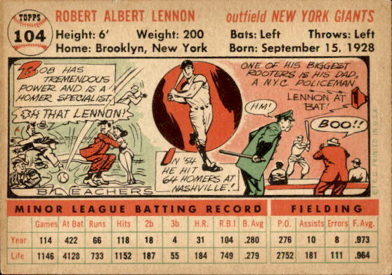 1956 Topps #104A Bob Lennon WB back image