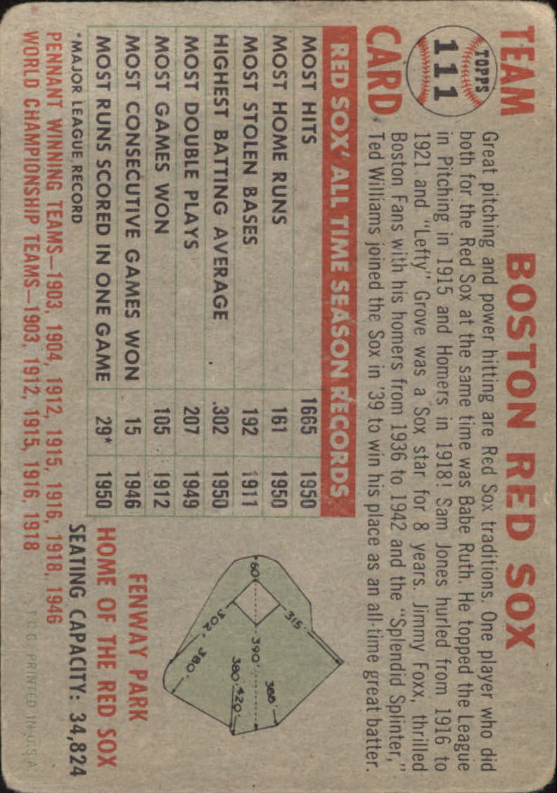 1956 Topps #111 Boston Red Sox TC back image